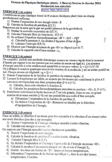 Examen Corrigé Physique Statistique PDF