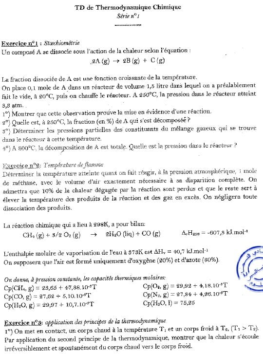 Thermodynamique Chimique Exercices Examens Corrigés PDF S4