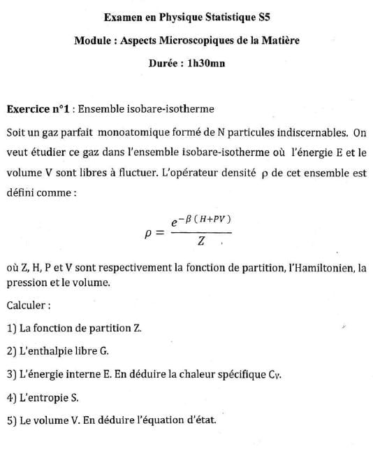 devoir et Examen Corrigé Physique Statistique PDF