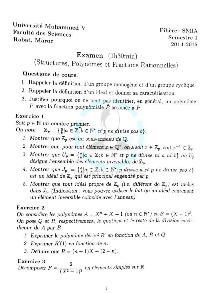 examen Algèbre 2 PDF