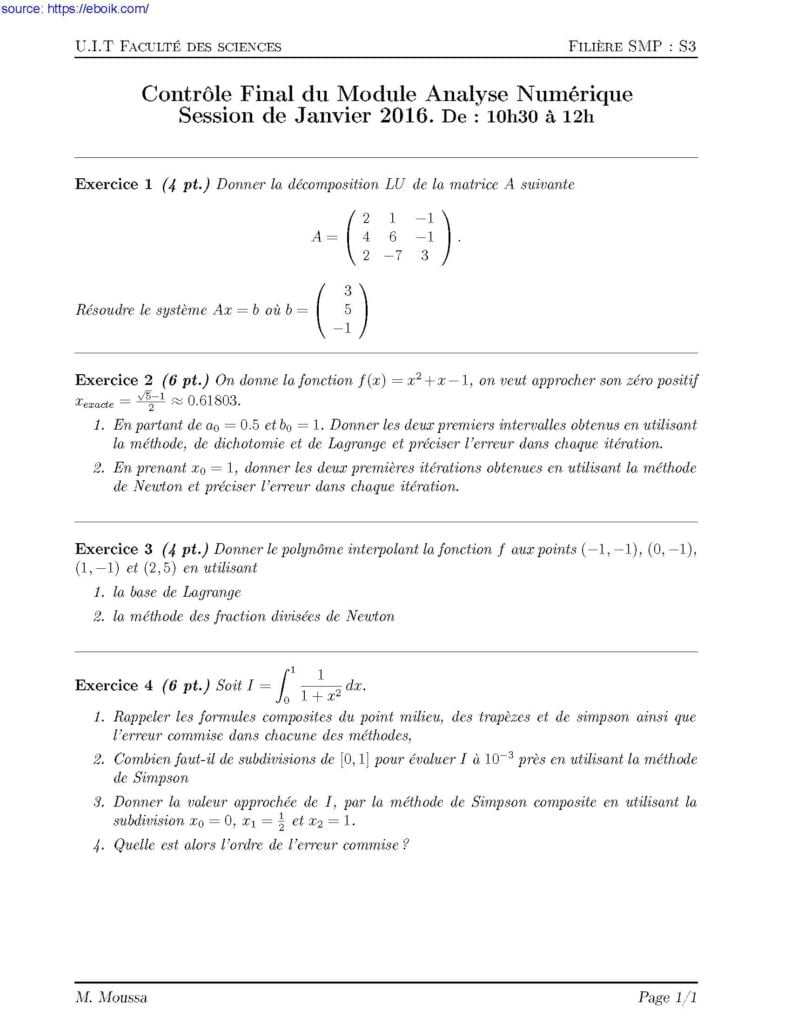 Exercices Corrigés Analyse Numérique 1 PDF 